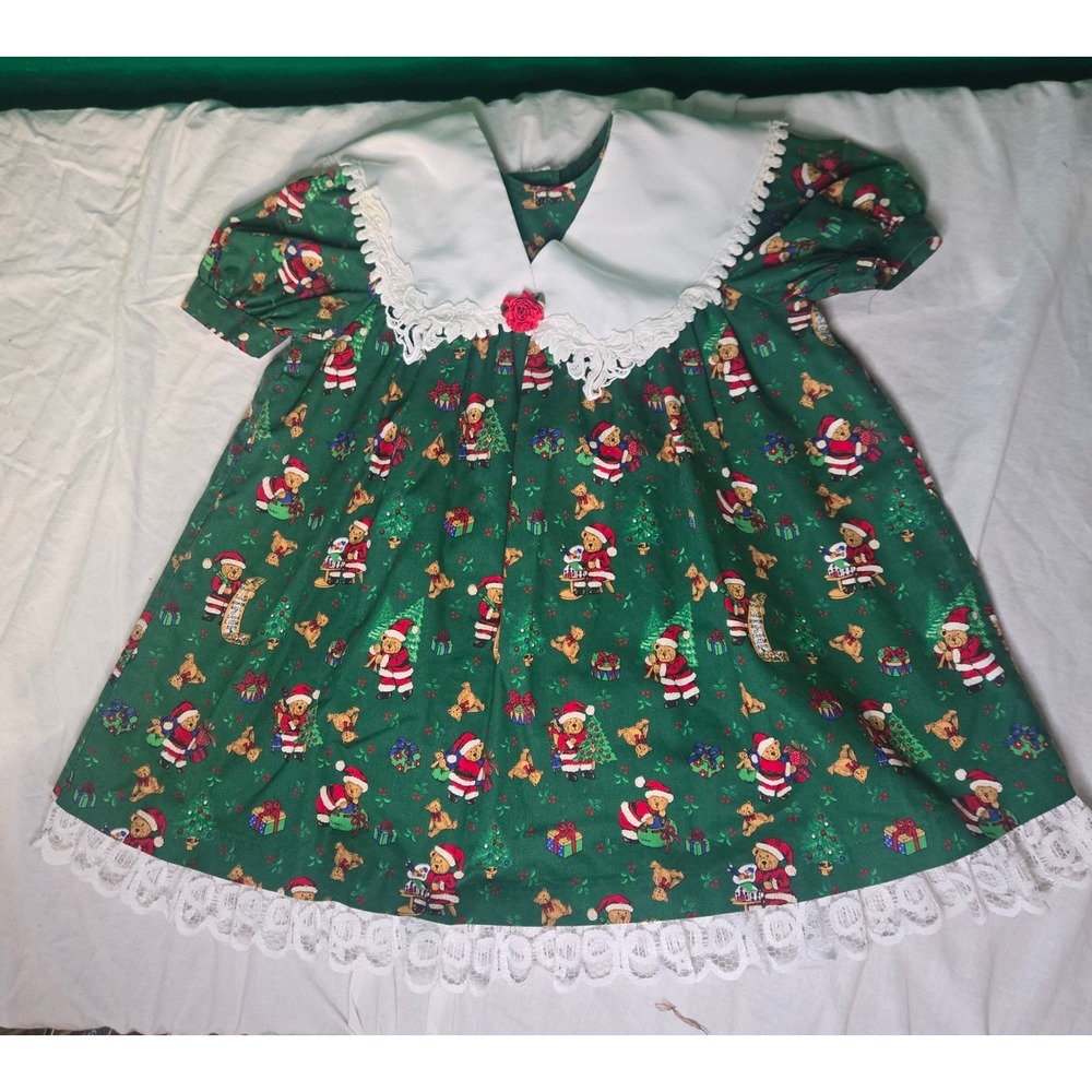Vintage Thomas Christmas Santa Bear Dress Green Lace Collar Toddler 3T 90s XMas